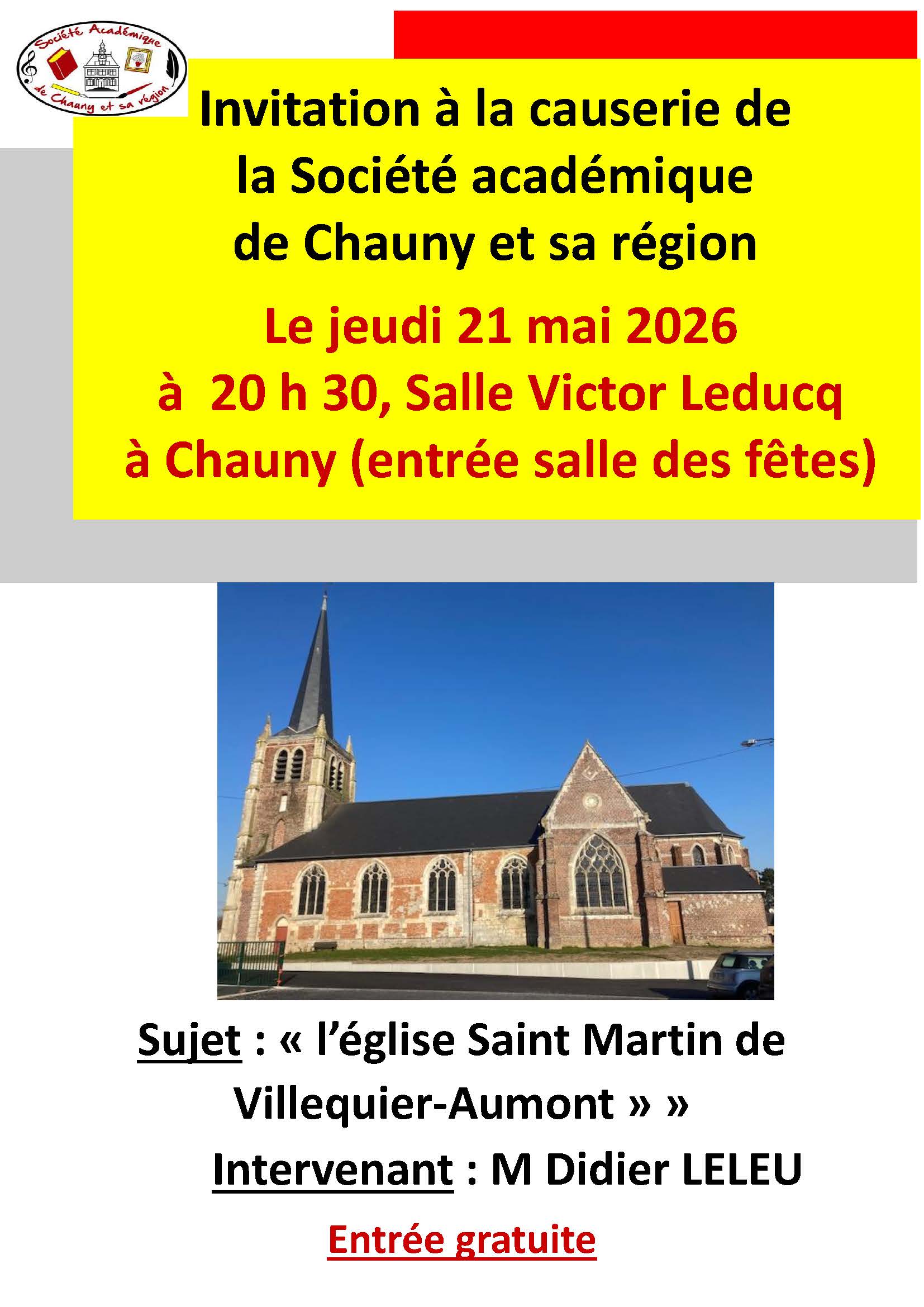 Invitation à la Causerie de la Société Académique de Chauny et sa Région — visuel événement