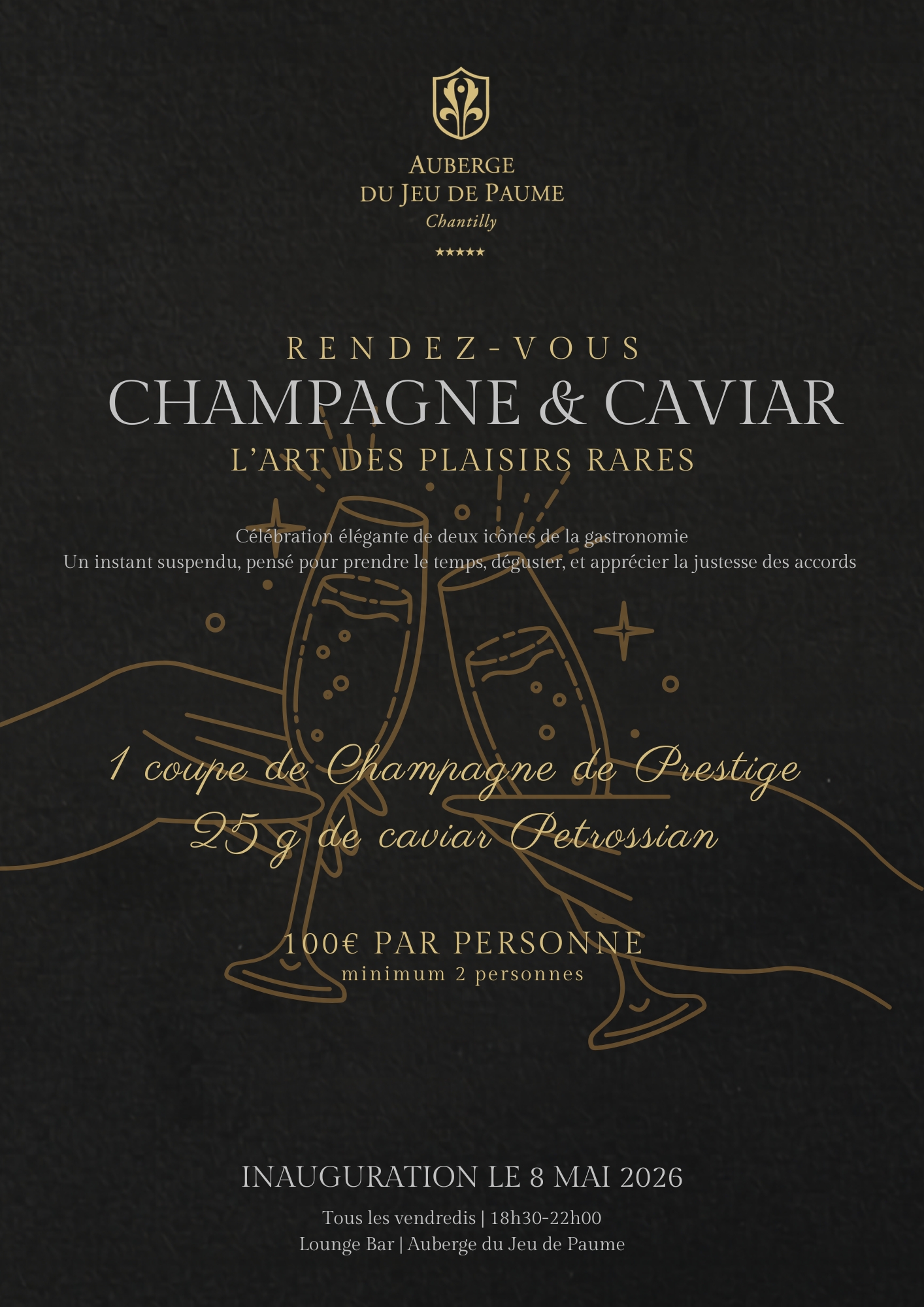 Rendez-vous "Champagne & Caviar : L’Art des Plaisirs Rares" à l'Auberge du Jeu de Paume à Chantilly — visuel événement
